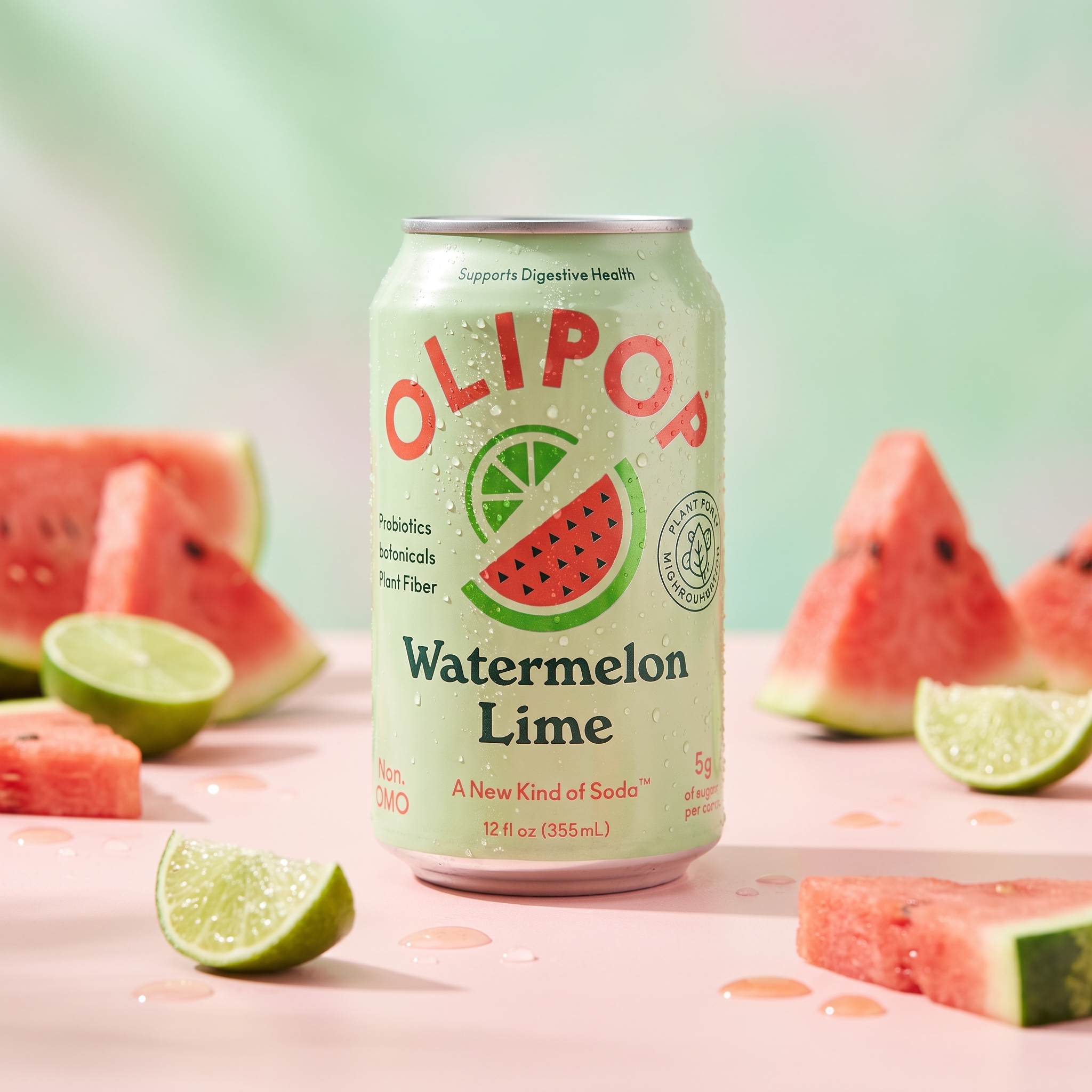 Packshot IA de la canette Olipop dans un décor fruité
