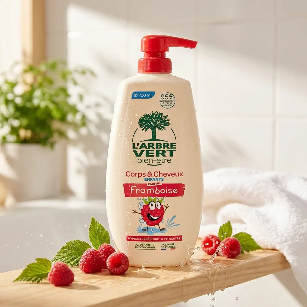 Transformation avant après du shampoing et gel douche enfant L’Arbre Vert Framboise, visuel généré