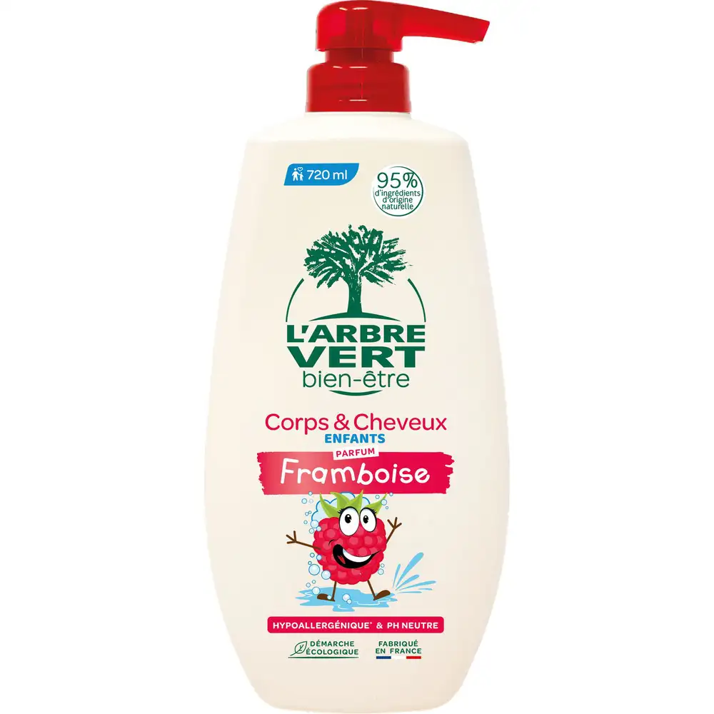 Transformation avant après du shampoing et gel douche enfant L’Arbre Vert Framboise, photo source